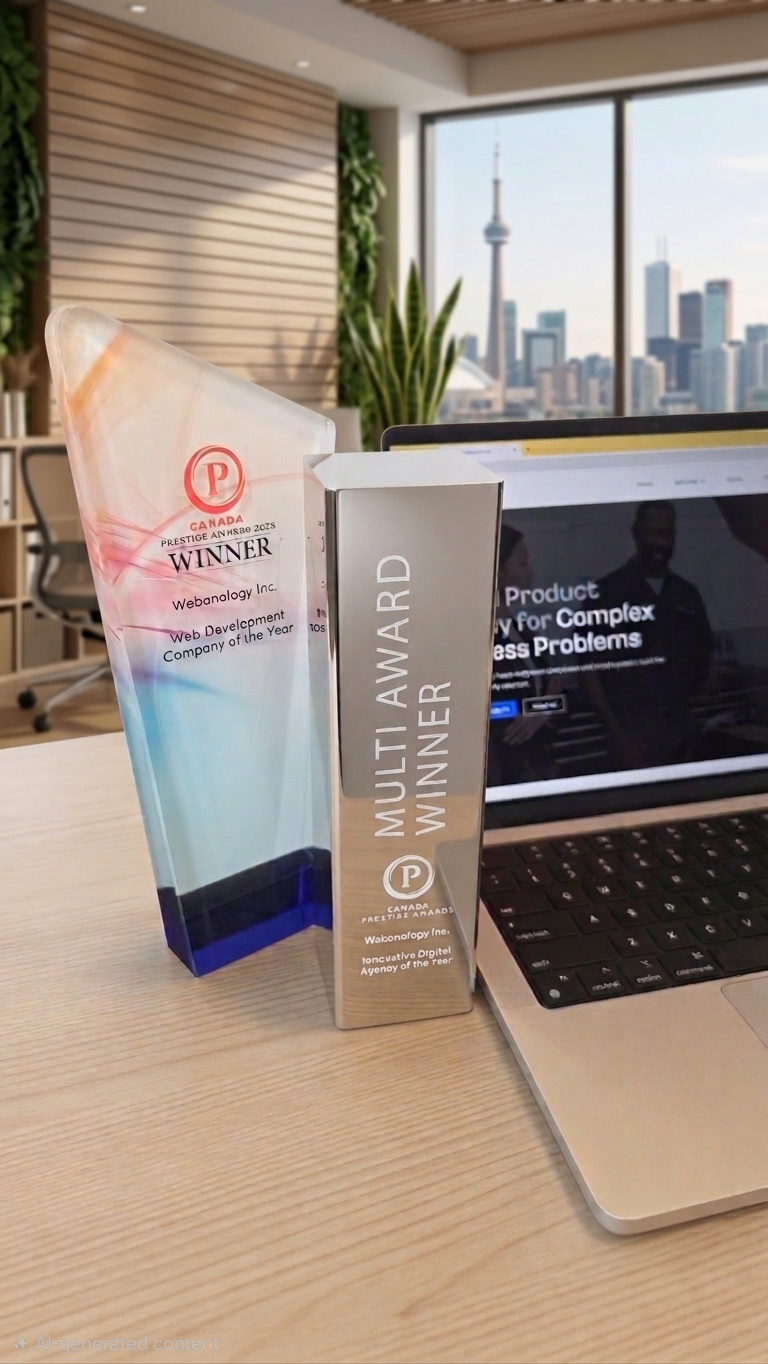 Webonology award trophies with the Toronto skyline